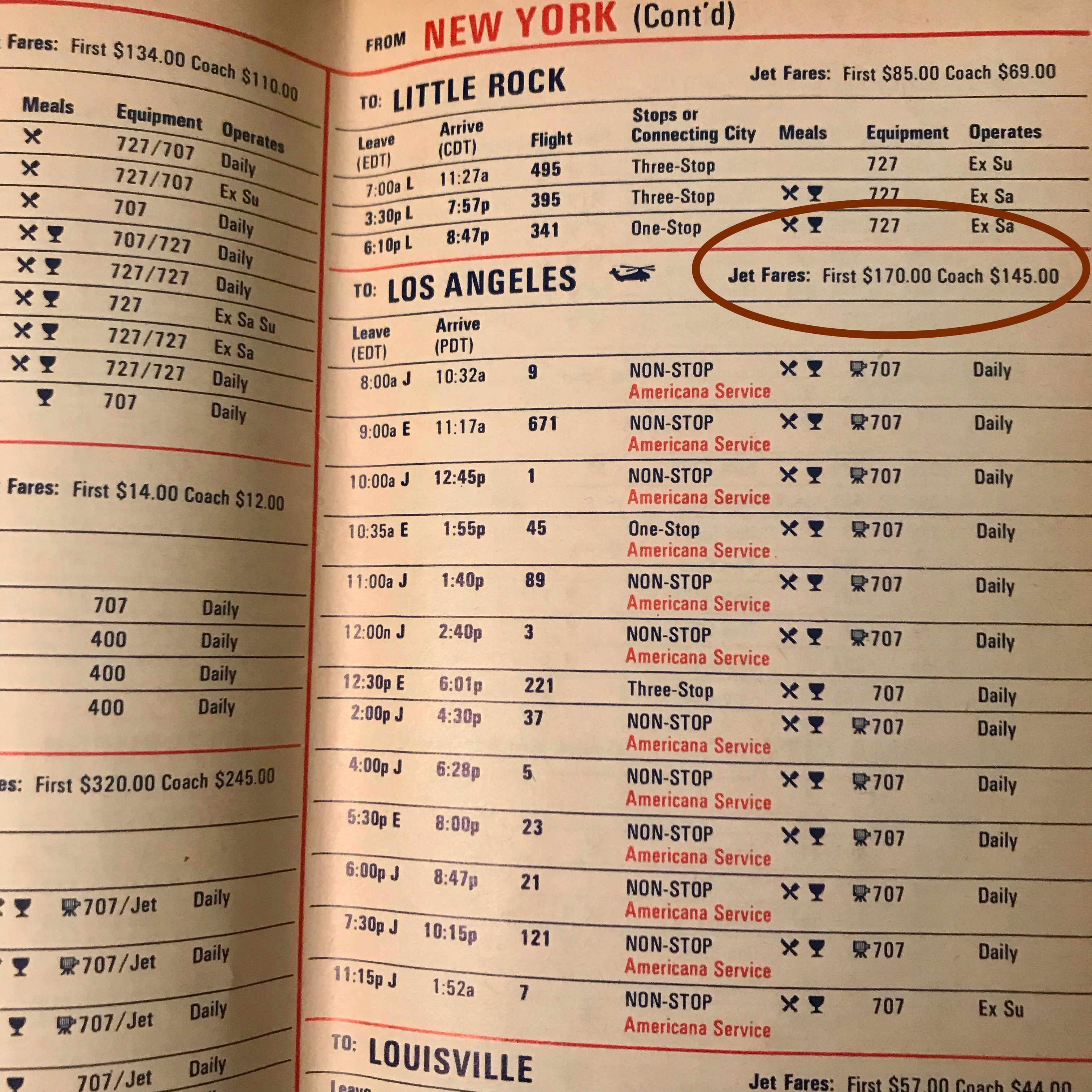 This is a page from the 1969 timetable for American Airlines highlighting the Los Angeles to New York flights available. 