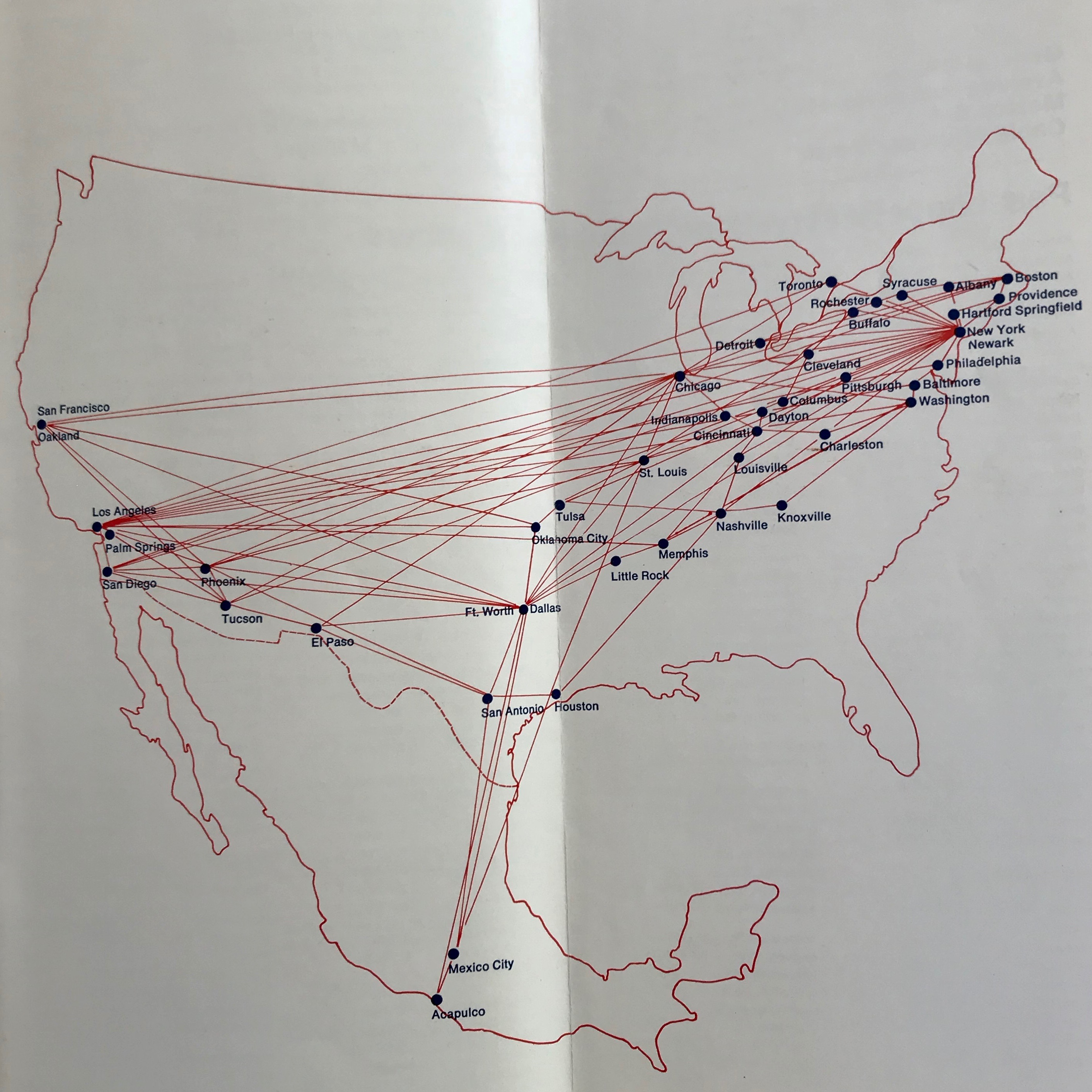 The 1969 route map of American Airlines shows black dots representing the various cities in the US connected by red lines that indicate flights available. 