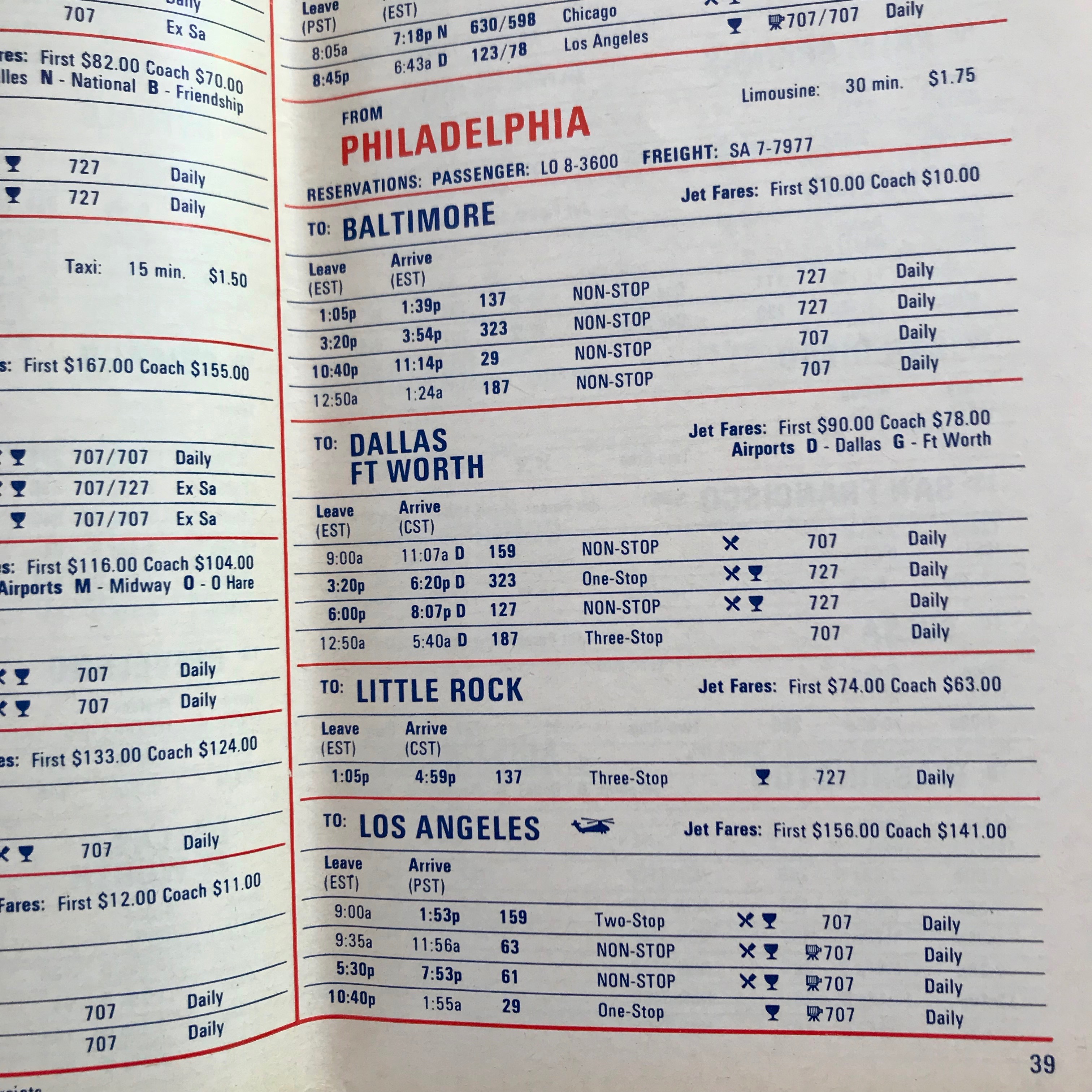 An internal page of an American Airlines timetable from 1969.  The main print is in blue while the accent lines and key headers are bright red. 