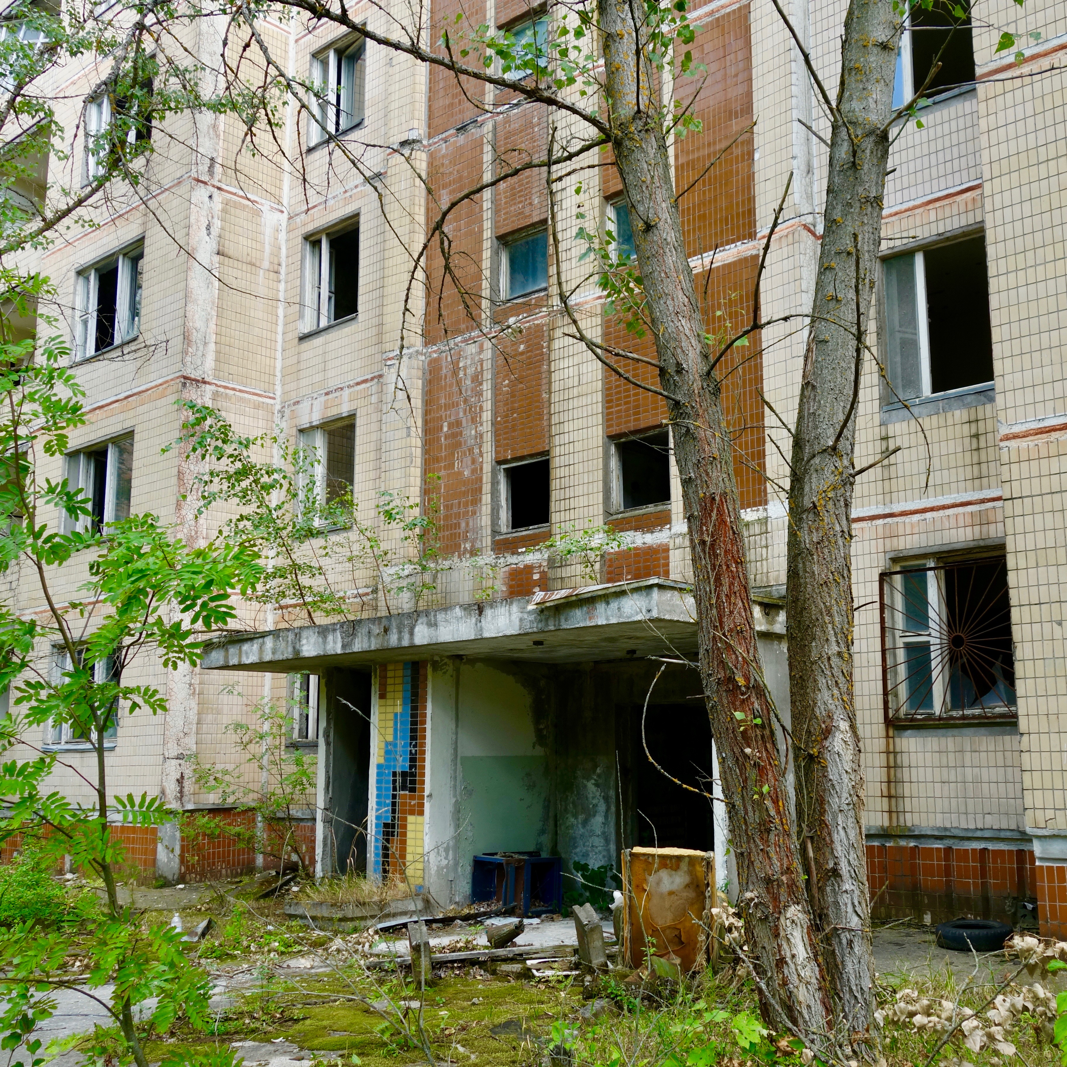 One of the many empty apartment buildings in the ghost town of Prypriat, near Chernobyl Reactor number four which melted down and exploded in April 1986.  