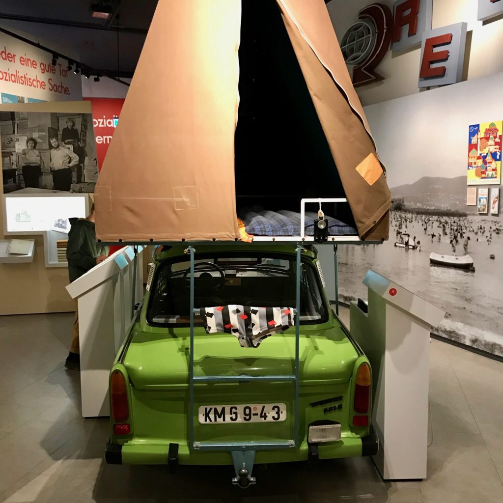 A self-camper developed for a Trabi car on exhibit in the Everyday life in the GDR Museum