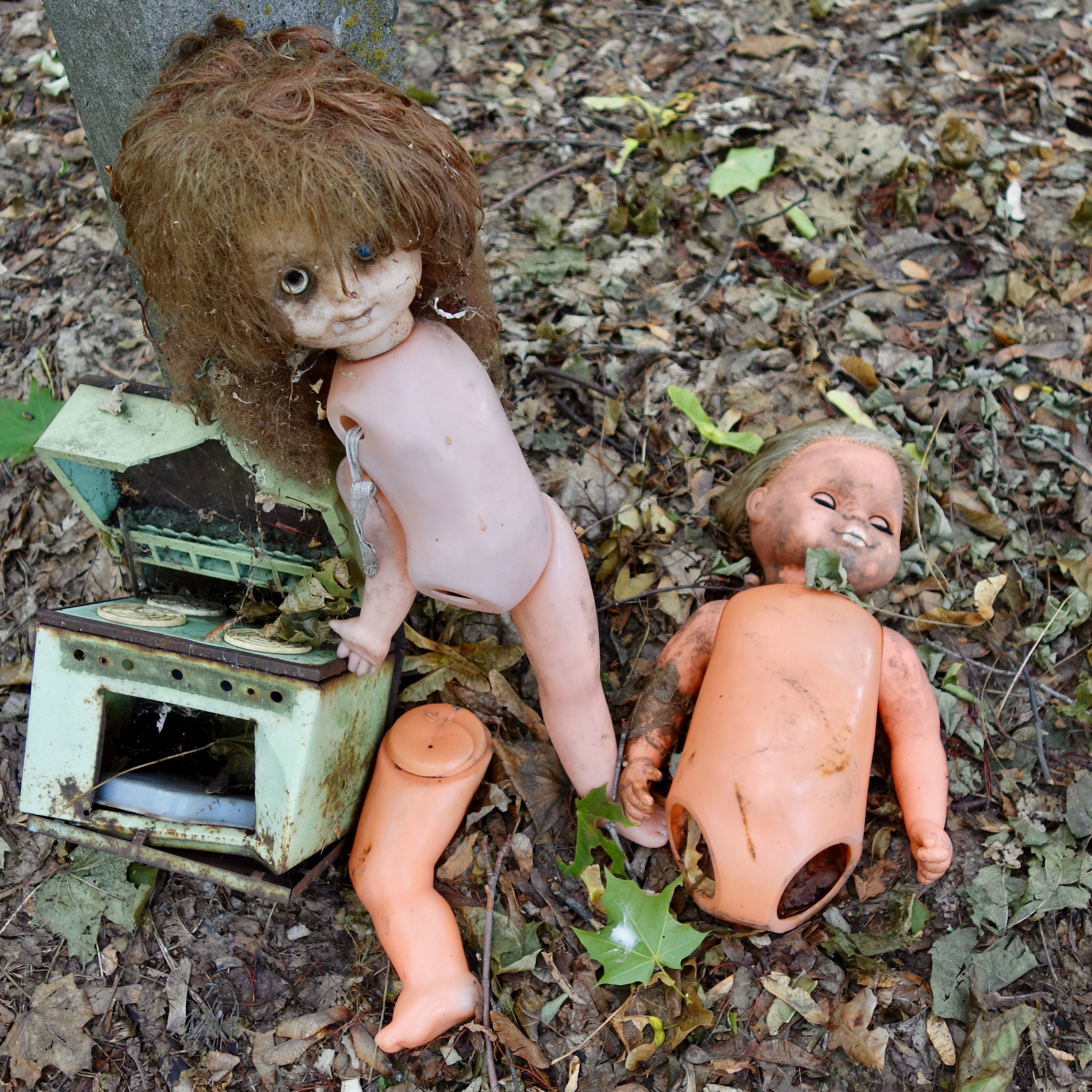 Dolls discarded during the Chernobyl crisis of April 1986 are strewn on a forest floor near the small village of Chernobyl, only miles from Reactor Four, which exploded.  The two dolls are dismembered and sit next to a child's play stove, which is green. 