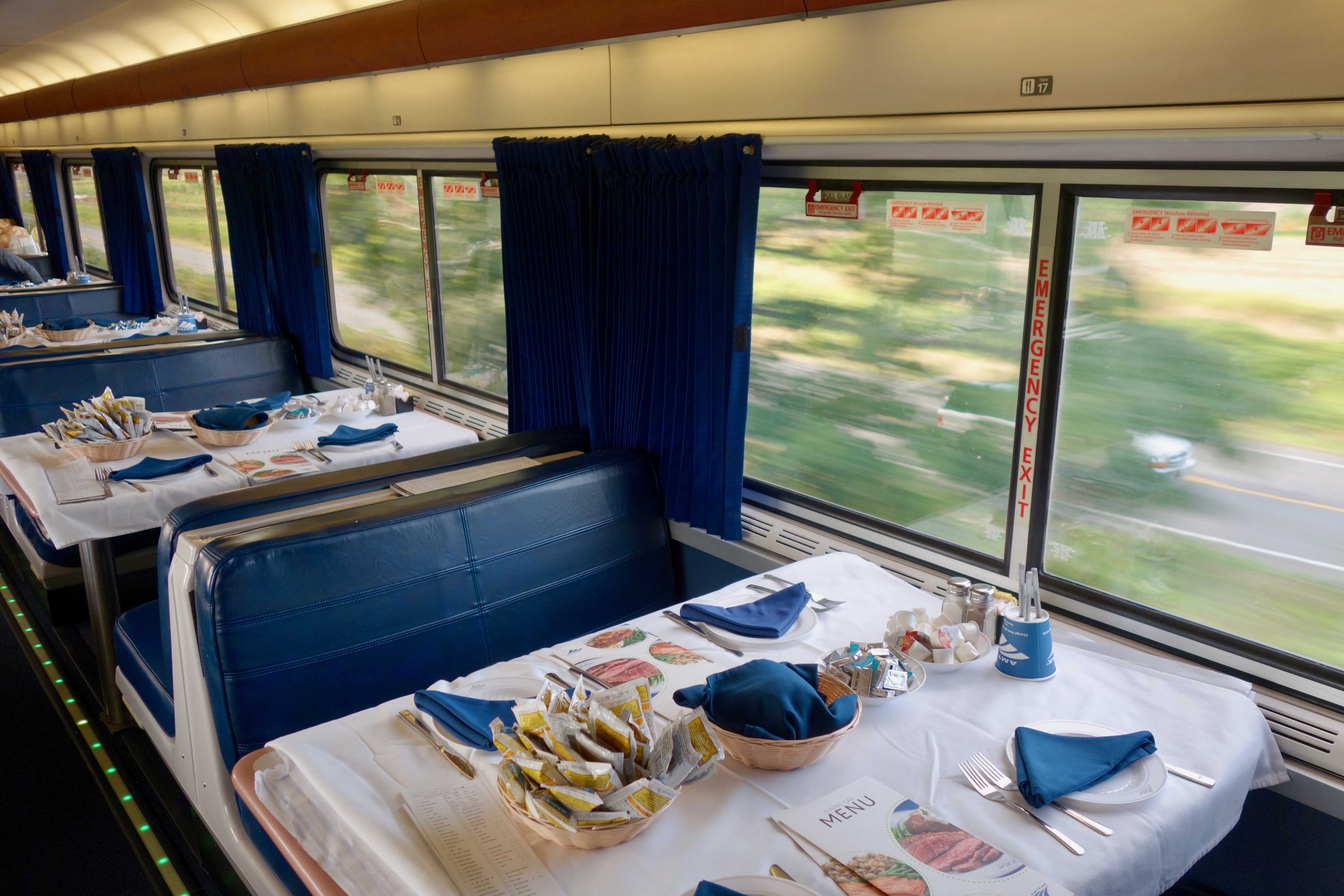 Dining Car aboard the Amtrak Empire Builder train between Seattle and Chicago.  Full meal service is included in sleeping car passenger tickets. 