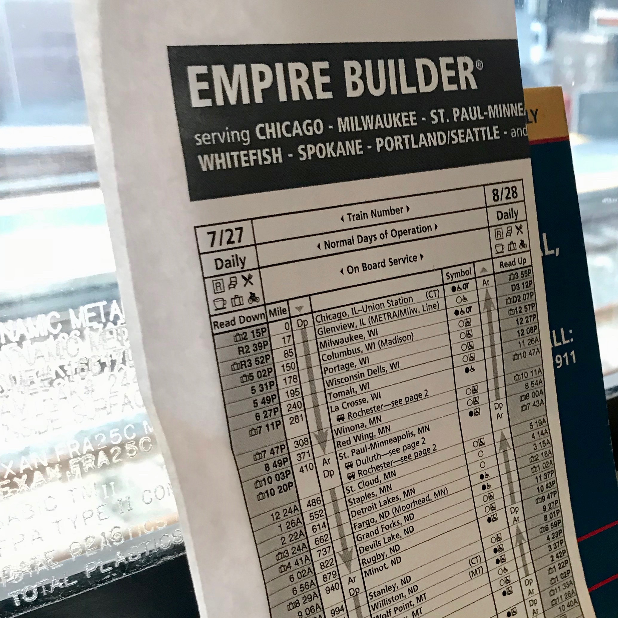The train attendant provided the official Amtrak timetable for all the stops on the Empire Builder, between Seattle and Chicago.