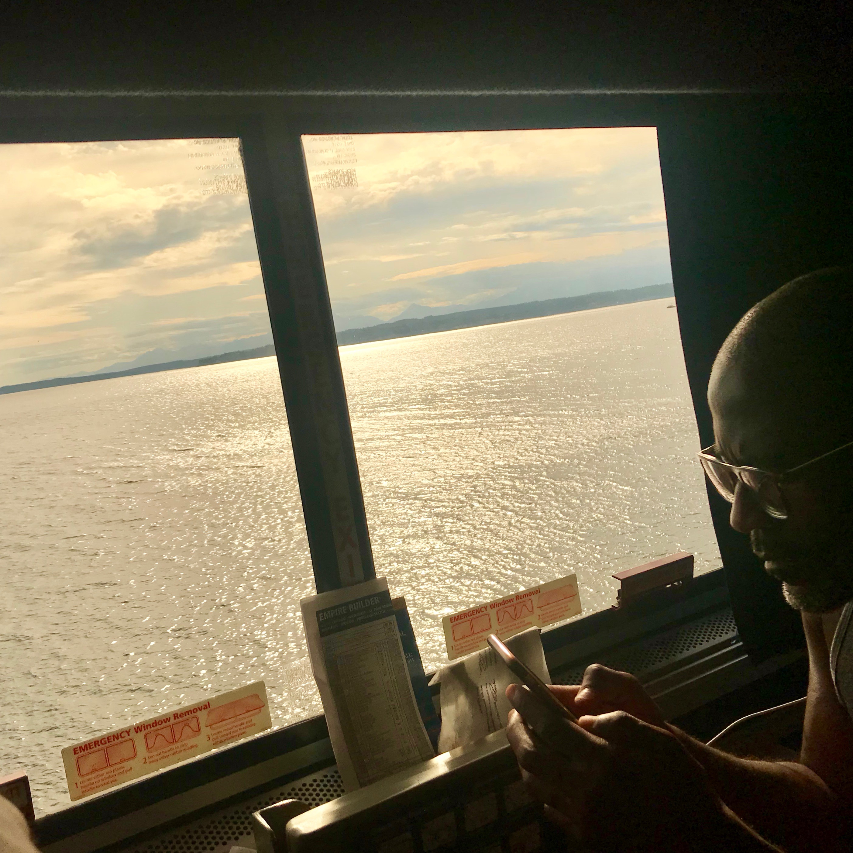 Last chance for wi-fi.  This is the initial stretch of the journey leaving Seattle and winding along the vast Puget Sound. The water view lasts for about 45 minutes before the train dodges inland around Everett, WA. 