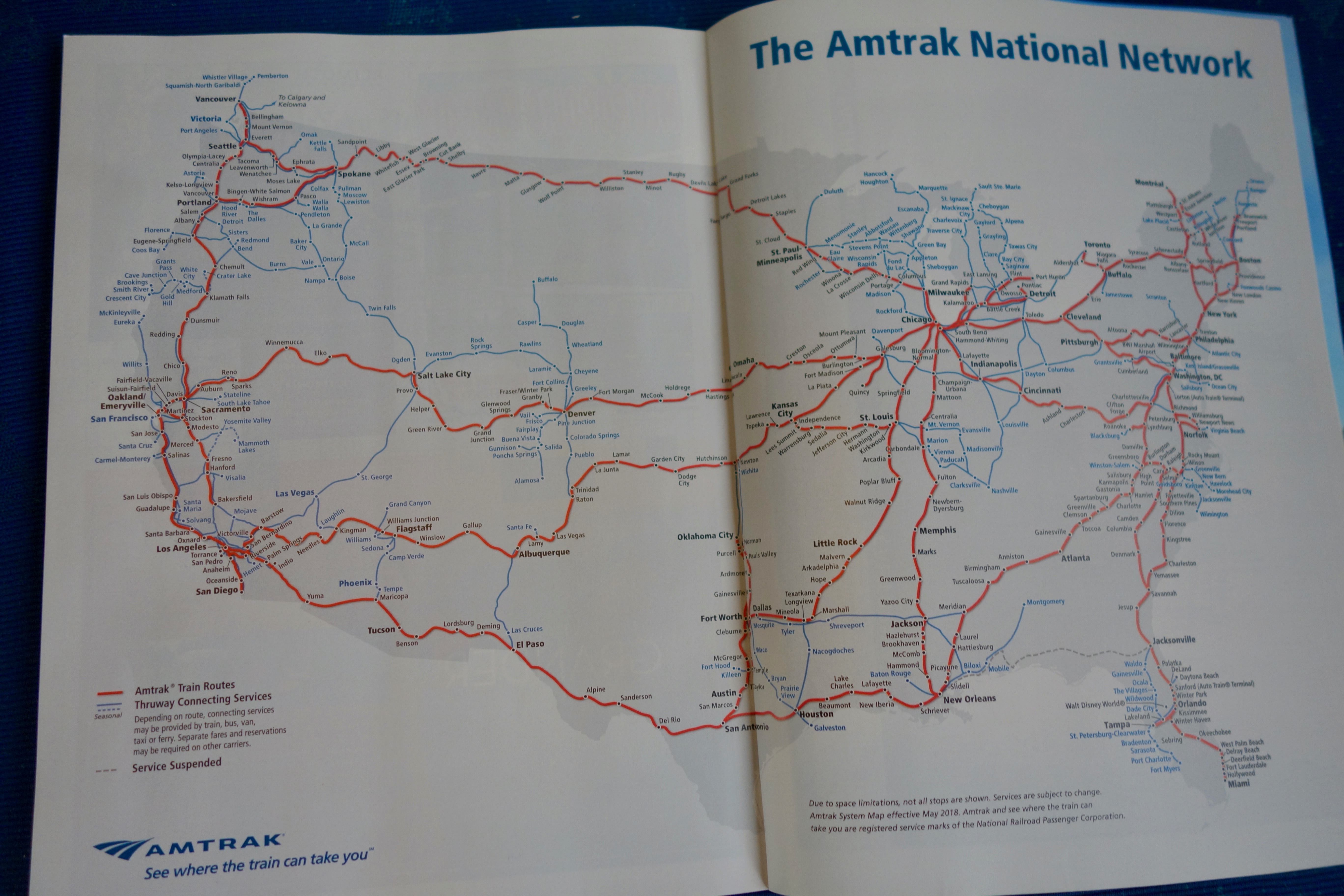 The national route map for Amtrak long-distance trains as shown in the monthly magazine.  