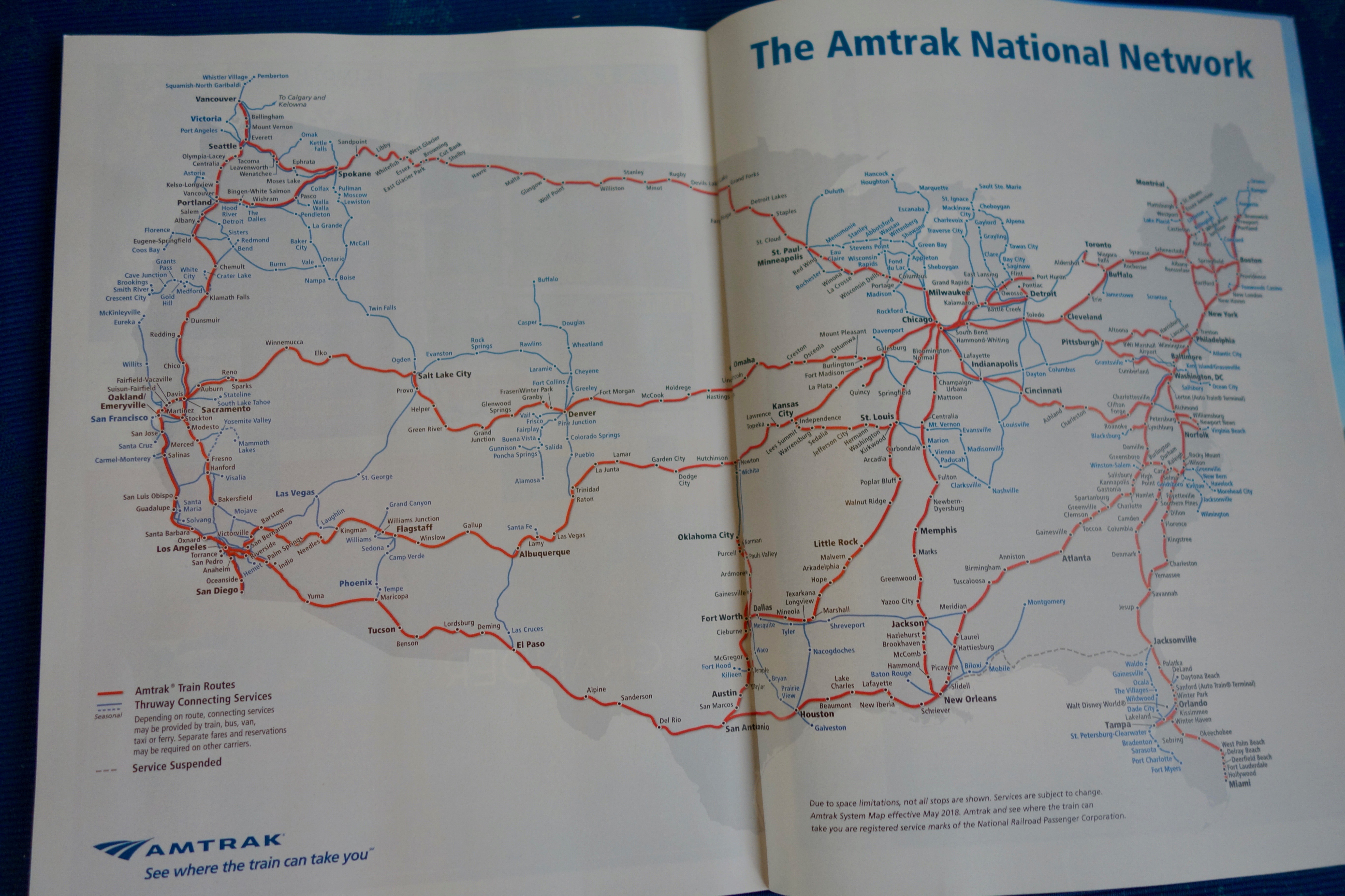 Amtrak has a sprawling network of long distance trains.  This is the Amtrak route map shown in the Amtrak monthly magazine.