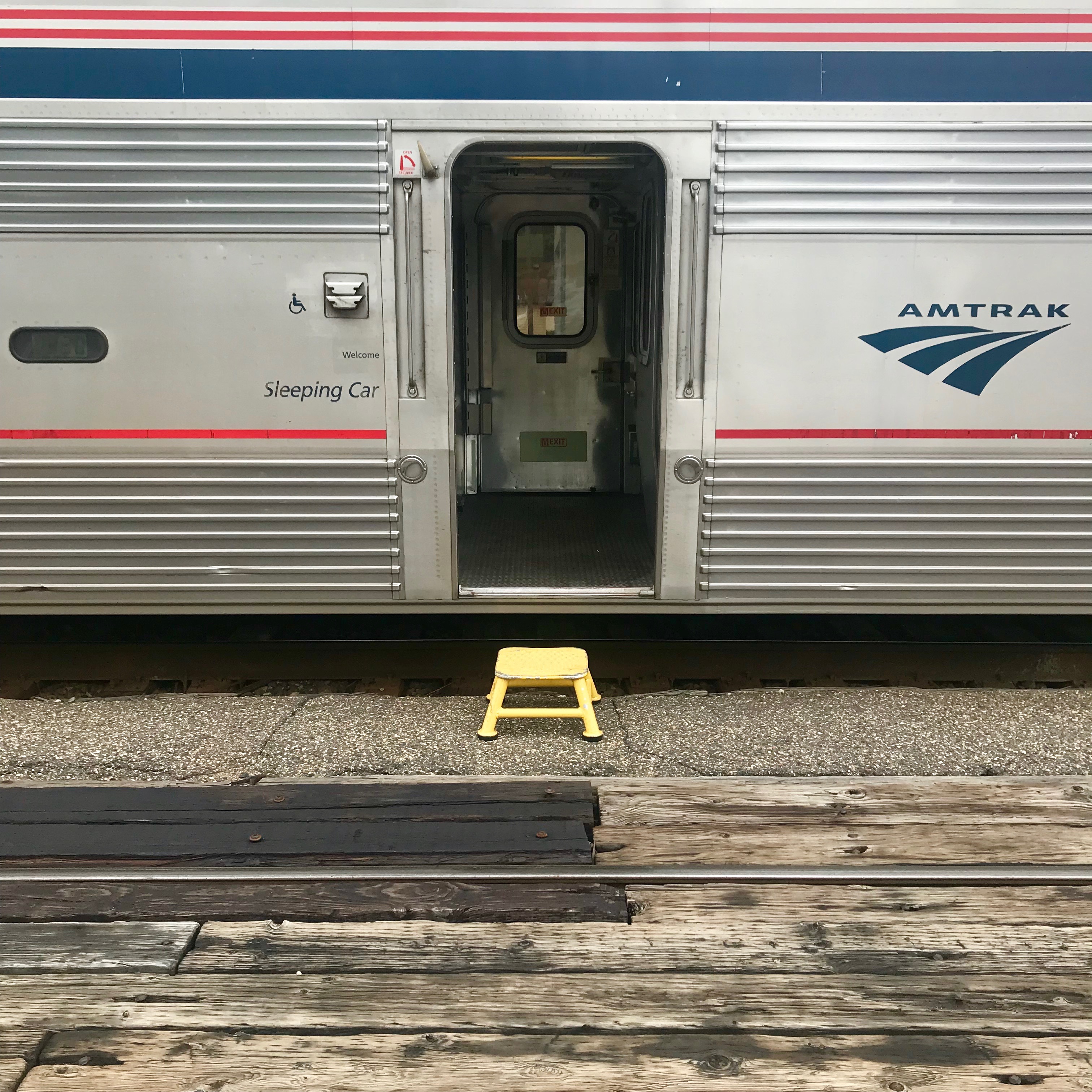 Long-distance sleeping car on Amtrak Empire Builder train from Seattle to Chicago.  This stop is LaCrosse, Wisconsin.