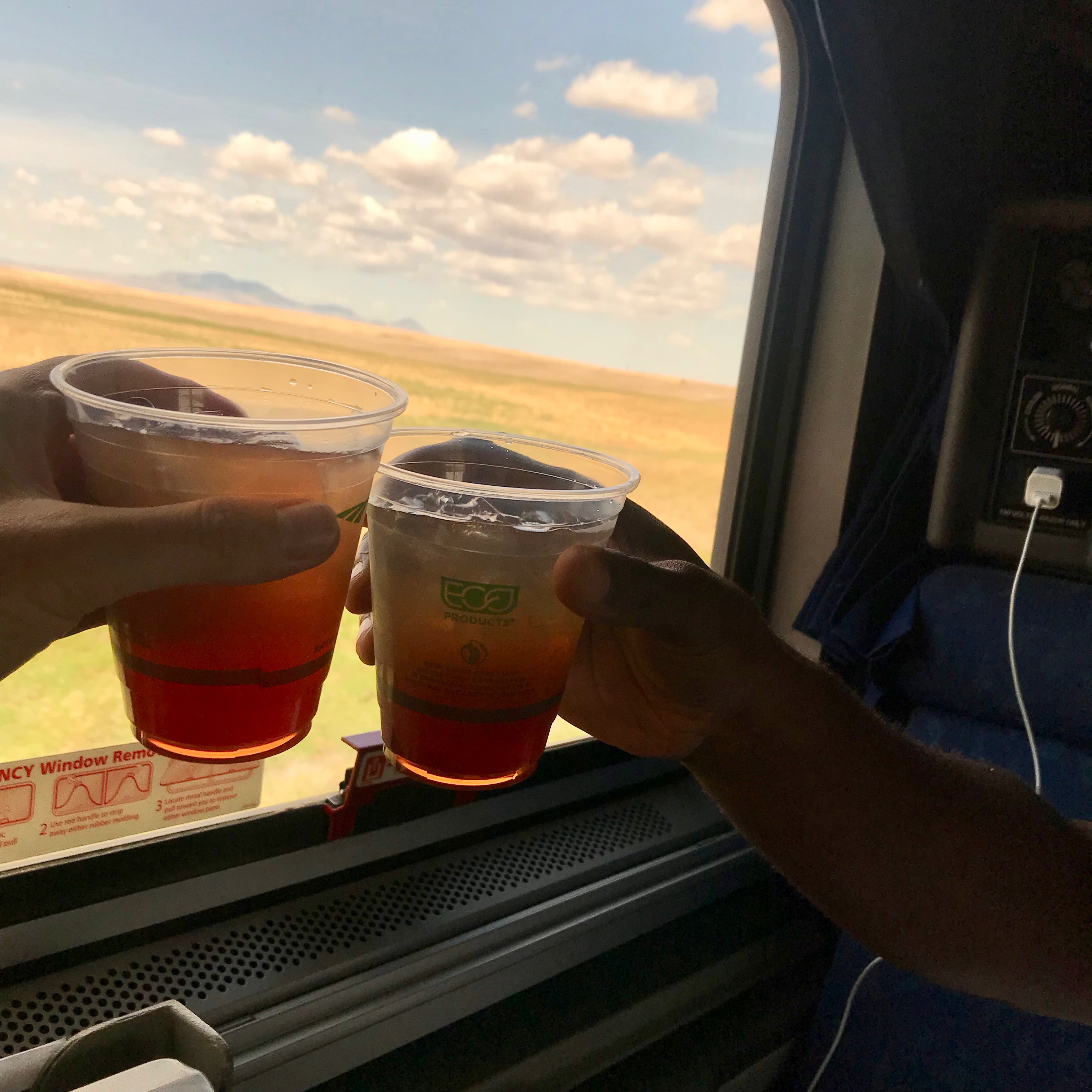 Cocktails overlooking the prairie of Montana, from the roomette compartment on the sleeping car on the long distance Amtrak train Empire Builder. 