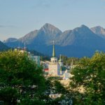 View of the Russian Church and Sitka Alaska with the mountains in the backdrop.