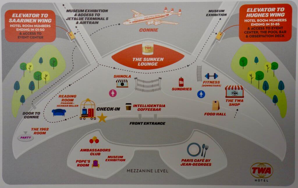 Colorful map of the TWA Hotel services that guests receive when checking in to the hotel.