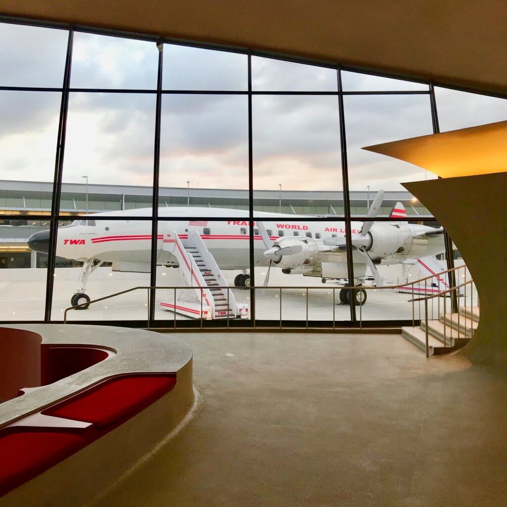 View from inside the iconic Eero Saarinen terminal building completed in 1962 for TWA. The building was restored to former glory and is now a full service hotel.