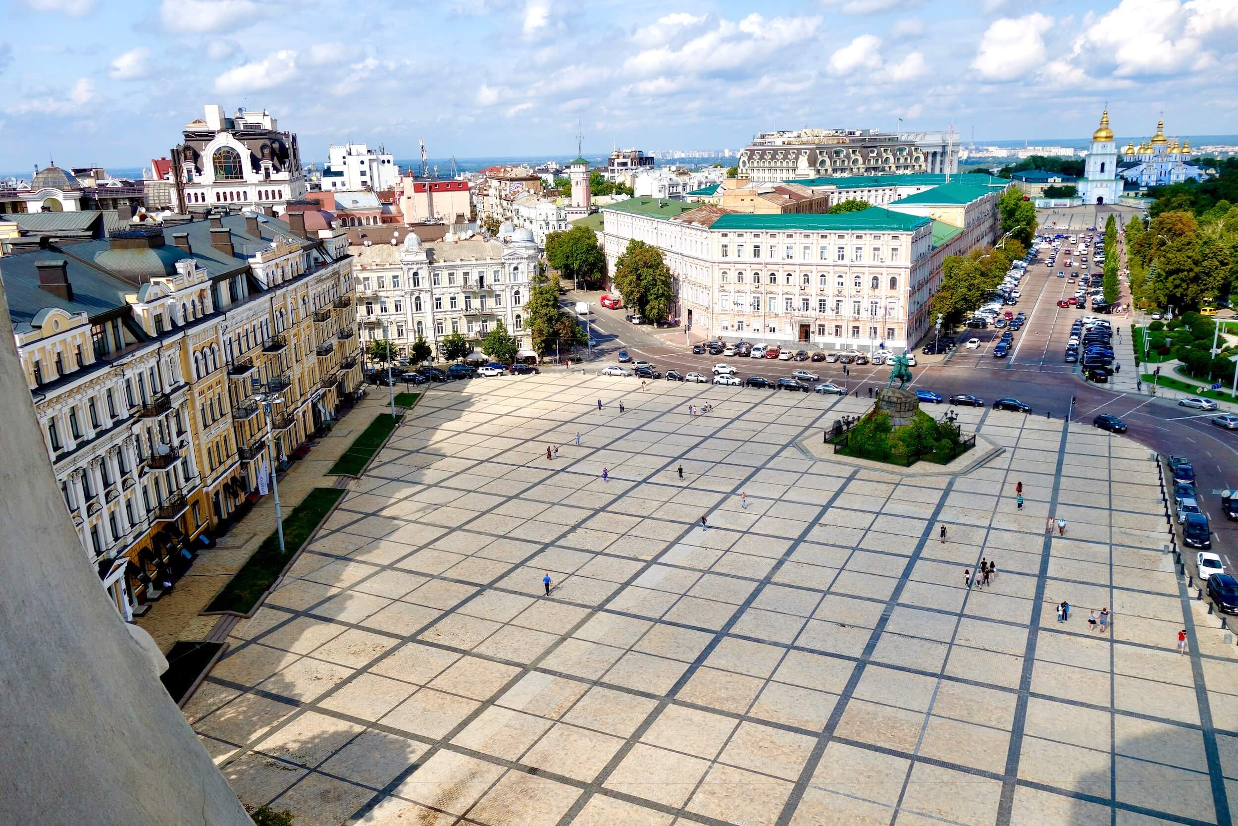 Public squares like this one are among the top 10 ways to experience Kiev in one day.  A sweeping view of the grand square in front of St. Sofia's Cathedral in Central Kiev. 