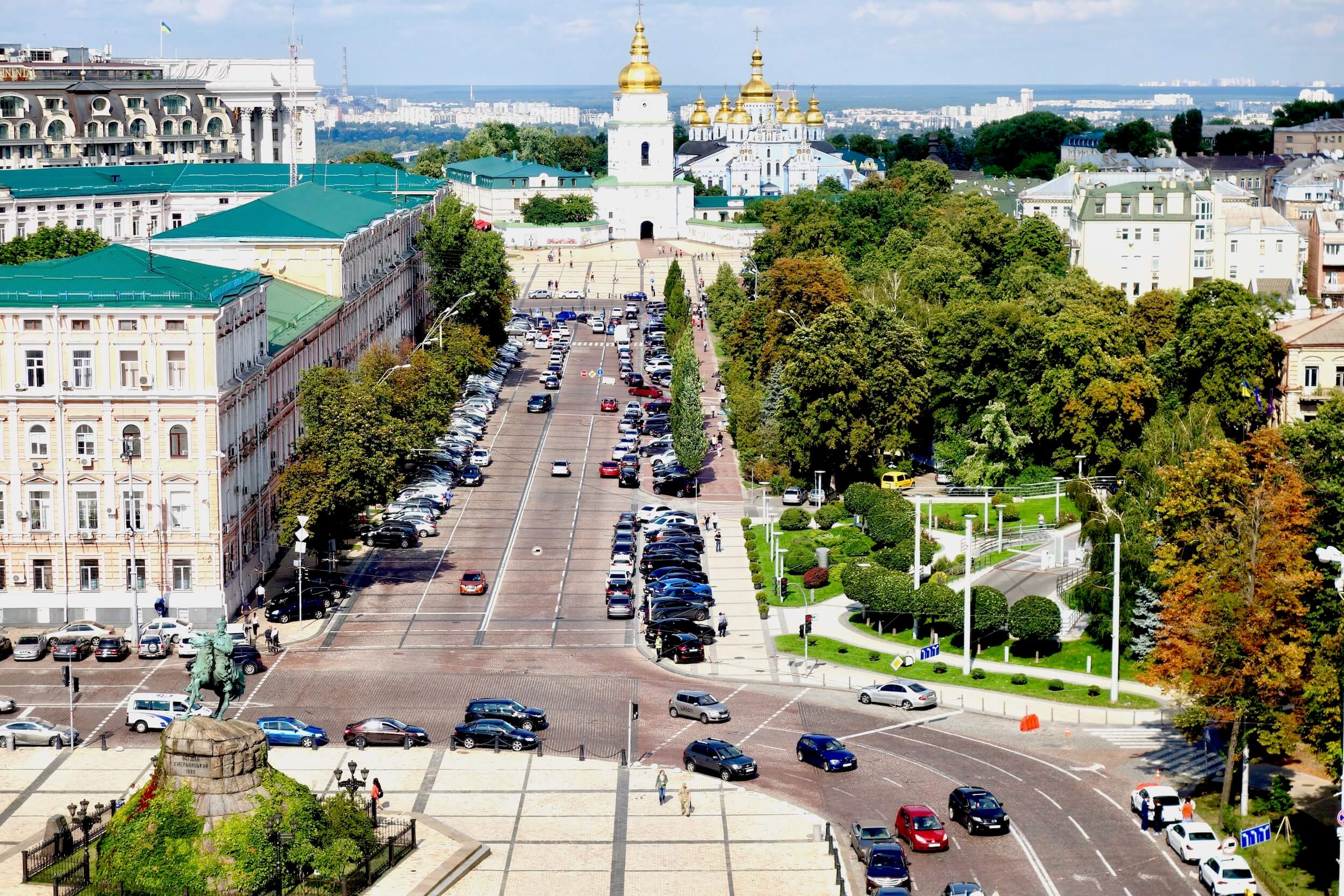 A stately boulevard leads to the golden domes of St. Michael's Monastery as taken from the top of the bell tower at St. Sofia's Cathedral.