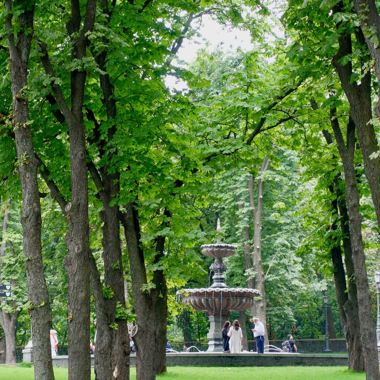 Volodymyr Hill has an abundance of trees and this classic style fountain sits in the middle of all the greenery.