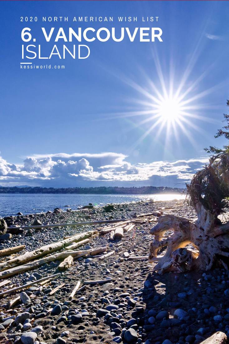 Kessiworld North America number six on the list is Vancouver, Island and the photo shows a bright sun shining with blue skies over the rocky coastline of the island.