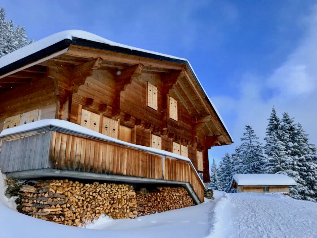 A Swiss chalet near Grindelwald in the Alpine recreation area. The bronze colored walls of the building are shuttered and an expansive wood pile tucks efficiently under the wrap around deck. It's a snowy scene with a groomed trail to the right and crisp blue sky above.