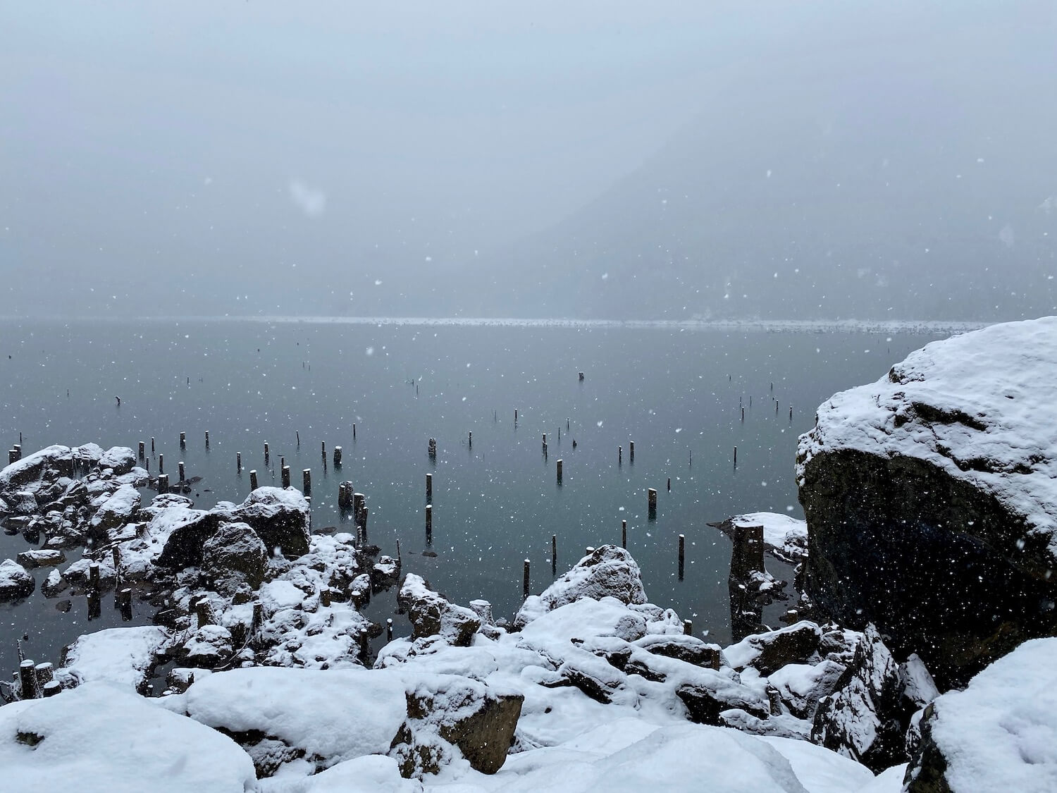 A beautiful lake shot with snow falling onto a lake with tree stumps popping out. In the foreground are rocks covered in snow and the faint background is a hill shrouded in snowy mist.