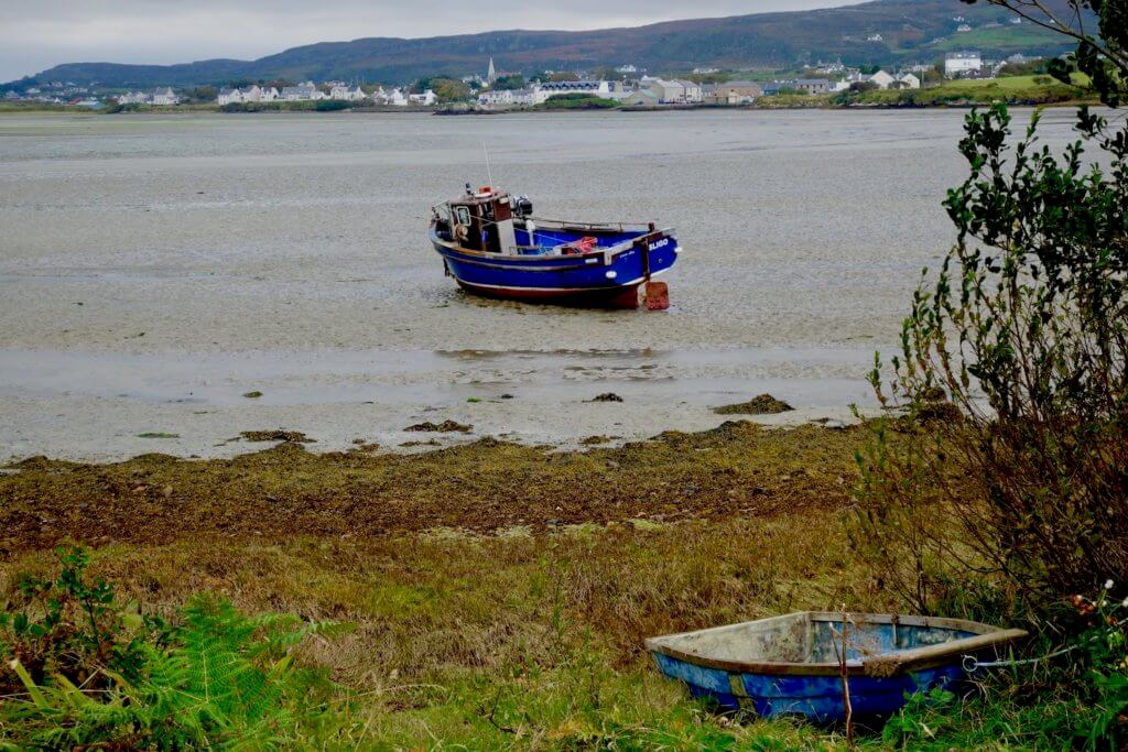 The photo of Dunfanaghy Bay shows the tide out and a blue fishing boat with red underpaint run aground on the muddy floor of the dry bay.  In the distance is the sprawling settled of Dunfanaghy with rolling hills in the background.  The foreground of the shot shows the grassy bank of the bay with a small blue row boat. 