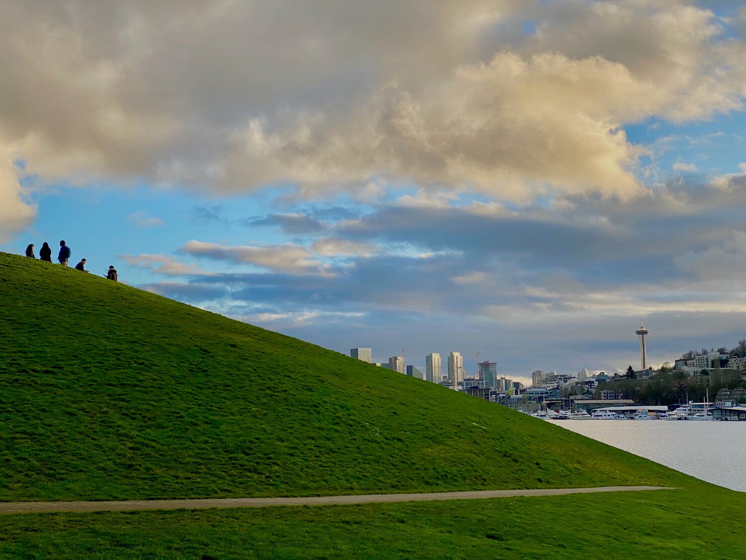 Gasworks Park is situated at the north end of Lake Union. This view of Seattle shows a diagonal slope of bright green grass with five people relaxing on the top of the hill looking toward the skyline, including the Space Needle. A tiny triangle of grayish Lake Union pushes through the right side of the photo while dark clouds move amongst pops of powder blue sky.