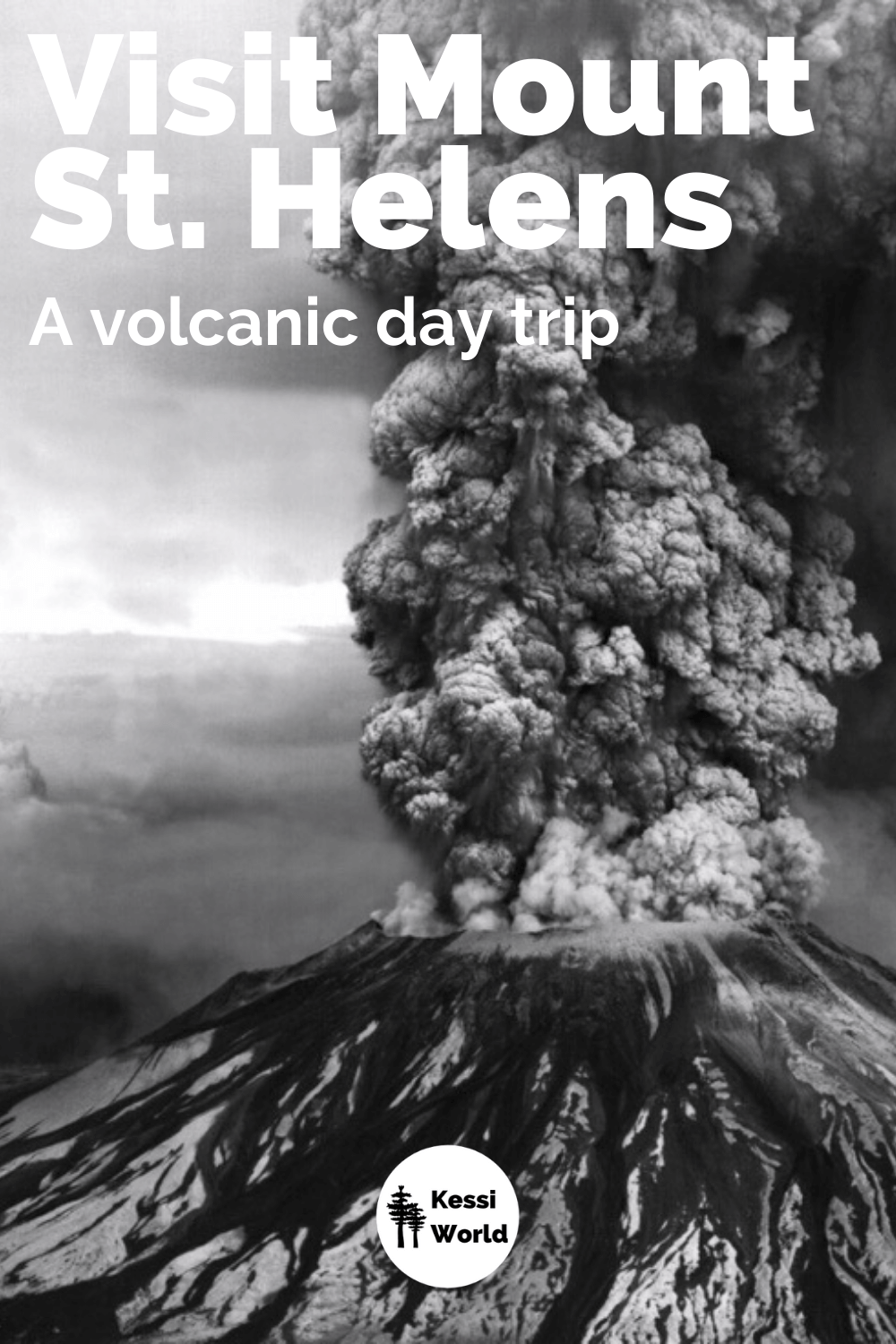 This Pinterest tile shows a black and white photo of the huge steam and ash blast that occurred the morning of May 18, 1980. Ash billows up to the sky from a rock and snow covered mountain capped by a huge crater.