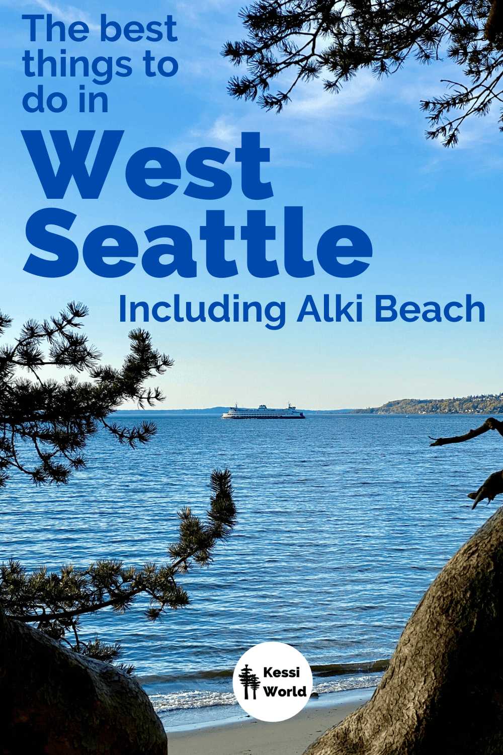 Peeking through a tree on Alki Beach in West Seattle is a fun thing to do while visiting the area. In between the dark brown branches of the cypress tree is a ferry in the distance. Water washes up on the beach while the blueish green rolling Puget Sound flows out to a peach and light blue colored horizon.