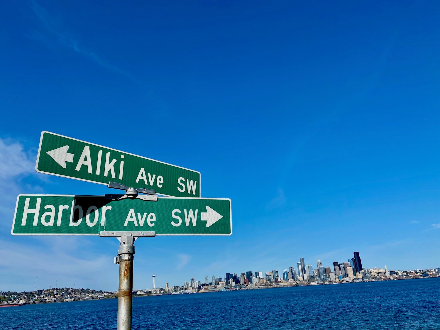 Alki Beach is a fun thing to do in West Seattle because the views of the city are so magnificent. This shot shows two green street signs with white print saying "Alki Ave SW" and "Harbor Ave SW" while the expansive Downtown Seattle commands the background, across the bay. The sky is bright blue.