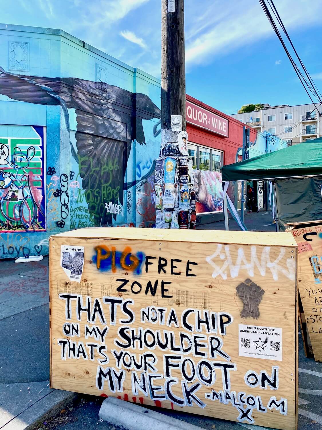 Signage at the CHOP area of Seattle during the Black Lives Matter protest. The colors are a bright mix of blues and greens and this sign says, That's not a chip on my shoulder that's your foot on my neck, by Malcom X
