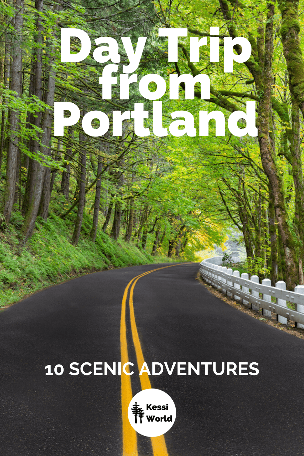 This Pinterest tile shows the wanderlust of a day trip from Portland. A wooded section of the historic Columbia River Highway which winds along the gorge in Oregon. This pavement road has a double yellow line in the center and the signature white painted wood guardrails from the 1920's add a bit of nostalgia to the scene.