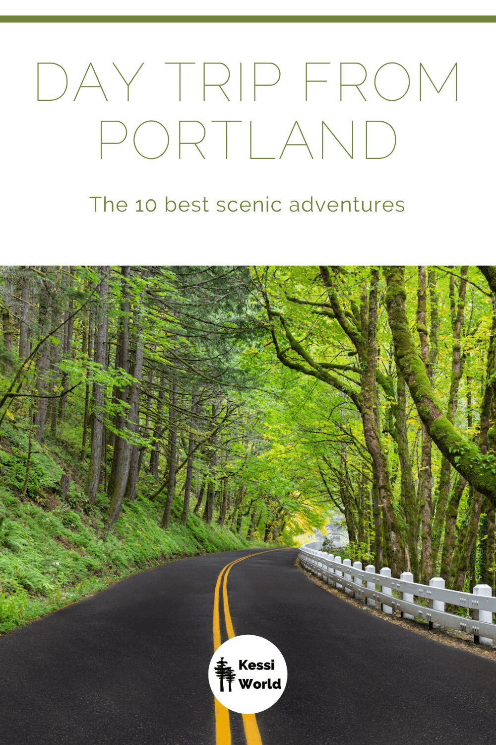 This Pinterest tile shows the wanderlust of a day trip from Portland. A wooded section of the historic Columbia River Highway which winds along the gorge in Oregon. This pavement road has a double yellow line in the center and the signature white painted wood guardrails from the 1920's add a bit of nostalgia to the scene.