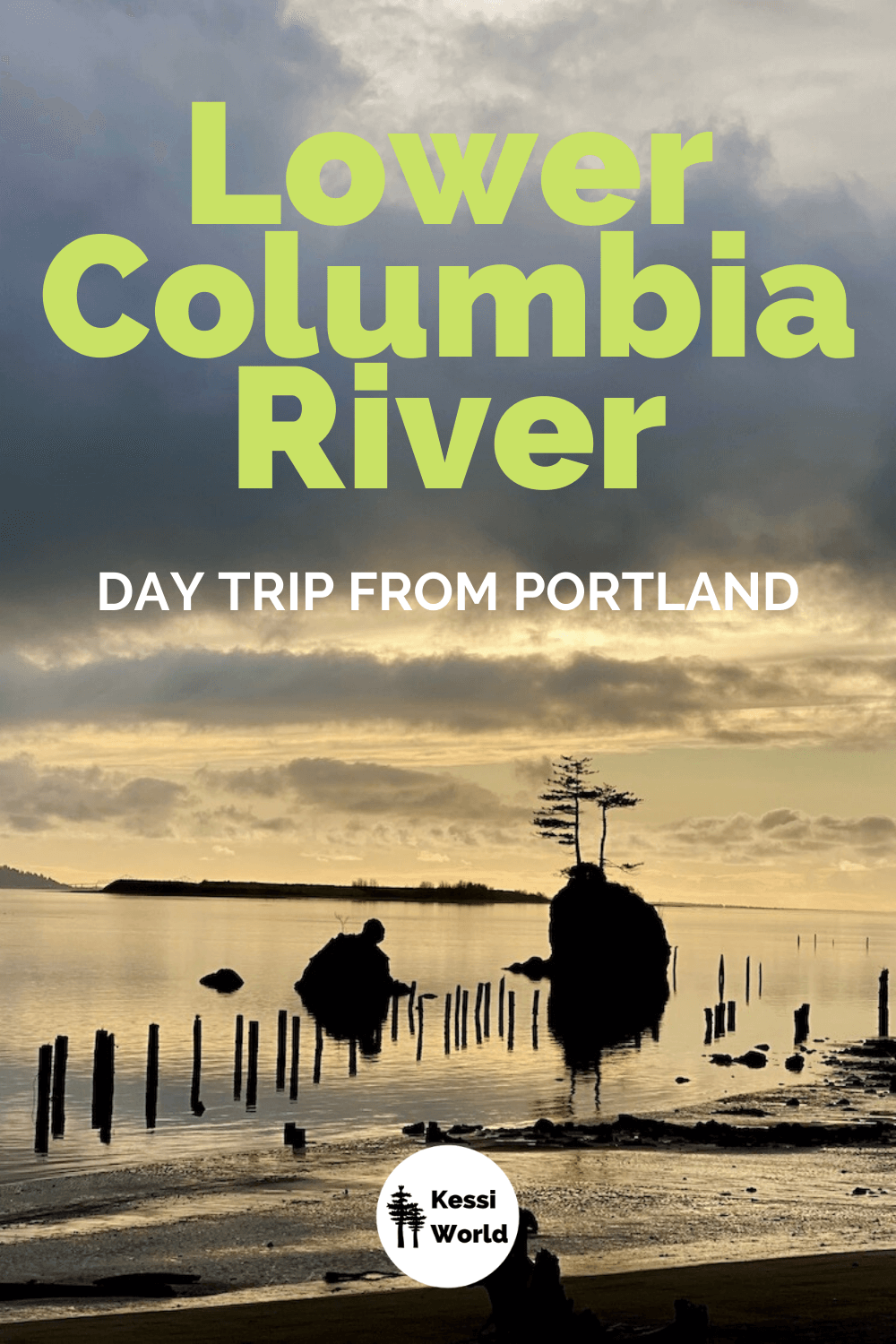 This Pinterest tile shows stacks of rocks rise up from the lower Columbia River at sunset, revealing shadows of old wood pilings, a low tide Bach and dramatic gray clouds with a peek of blue sky shining through.