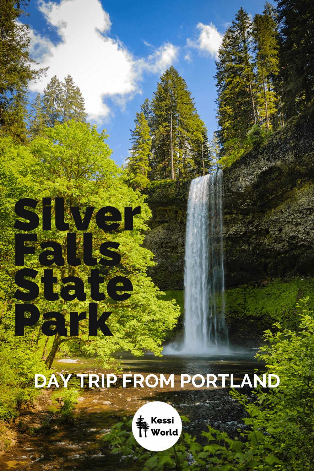 This Pinterest tile shows a great day trip from Portland. Silver Creek State Park is one of Oregon's picturesque. This is one of the main waterfalls cascading over a cliff of rock. The water splashes up on the creek below, creating waves and milky mist. The maple trees framing the waterfall are newly bloomed green leaves.