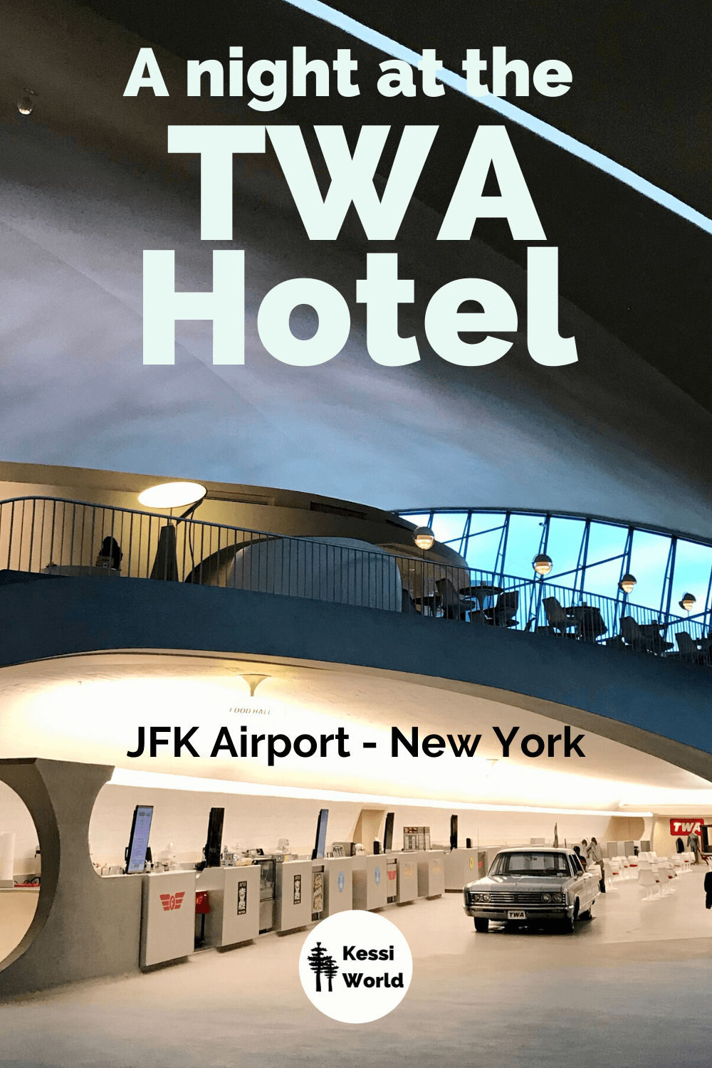 The ticketing lobby at the entrance to the TWA Hotel at JFK Airport in New York City. A 1960's era car is parked along a row of vintage ticketing kiosks featuring the gentle lines of the Aero Saarinen designed airline terminal.