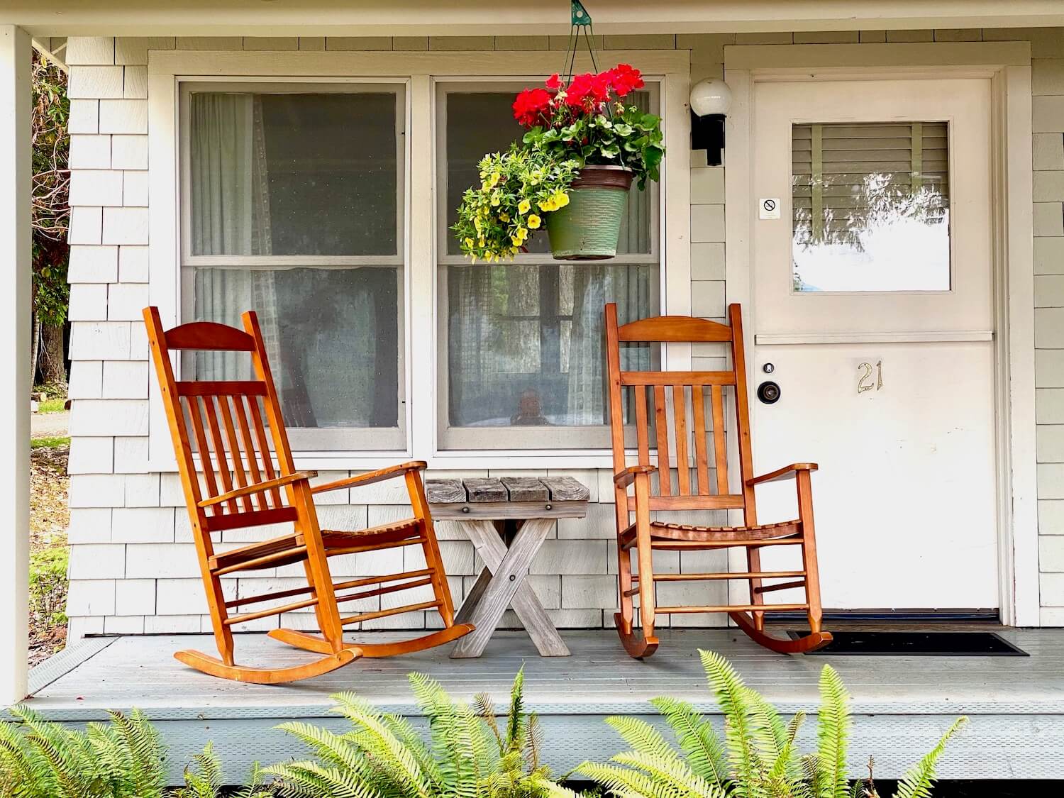 Two brown rocking chairs sit peacefully on a small entry porch outside a cabin at Lake Crescent Lodge. Three large fronds of Sword Fern rise up to the deck as a hanging begonia pot clings to the rafter. The double hung windows reflect the hundred year old charm of this cabin.