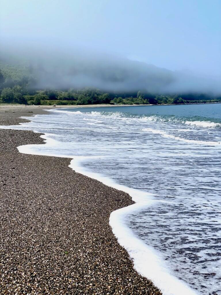 Coastal Olympic Peninsula scene with a pebble beach and soapy, white foam of the surf slathering the beach with a wavy line. In the distance the mist still hovers over the hill of trees, only revealing a faint line.