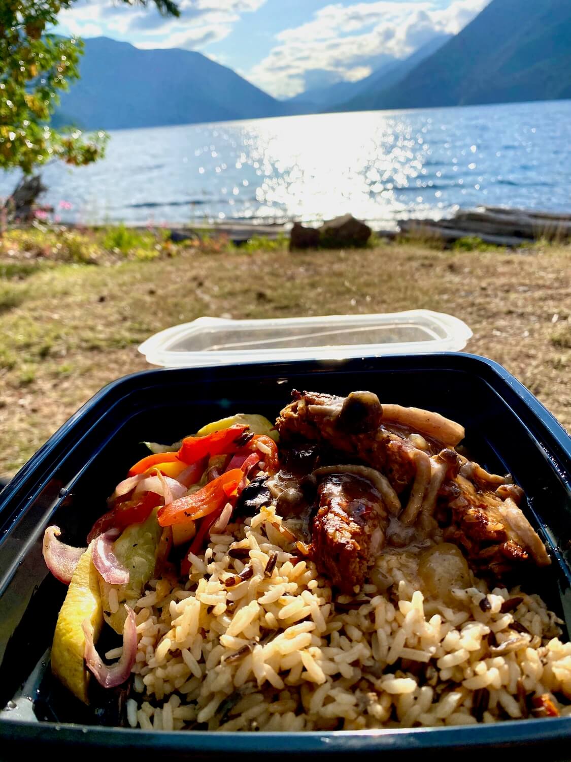 Take out from Lake Crescent Lodge looks like this black plastic container with rice, vegetables and vegan meat loaf. This is held in from of the lake with the sun glowing in the out of focus distance.