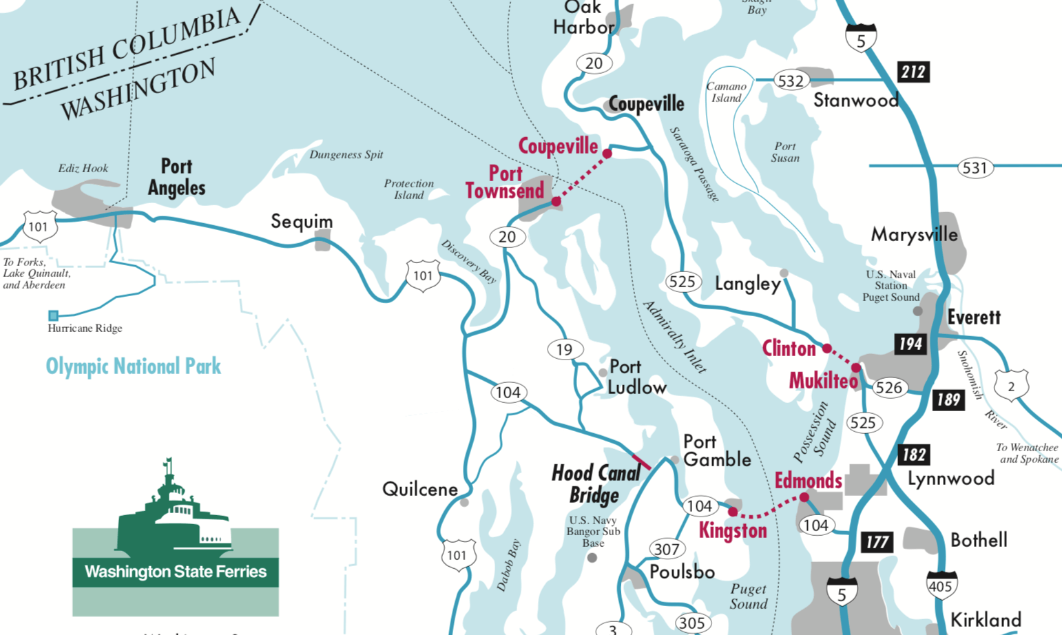 This is a ferry map for the Washington State Ferry system and covers the middle section of the service in and around Whidbey Island and gateways to the Olympic Peninsula. The ferry routes are in dotted red lines with the ports written in red lettering while major roadways are featured in teal green color.
