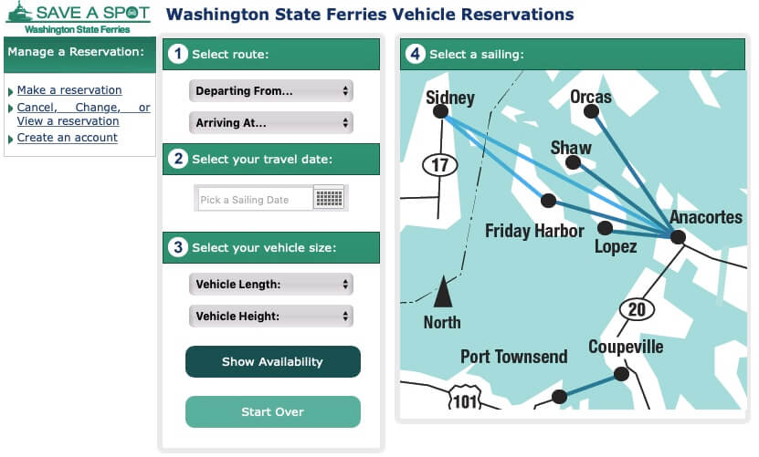 This is an image of the step by step process to reserve vehicle space on a Washington State Ferry. There are four boxes requiring input information including a map of the routes that are available for booking.