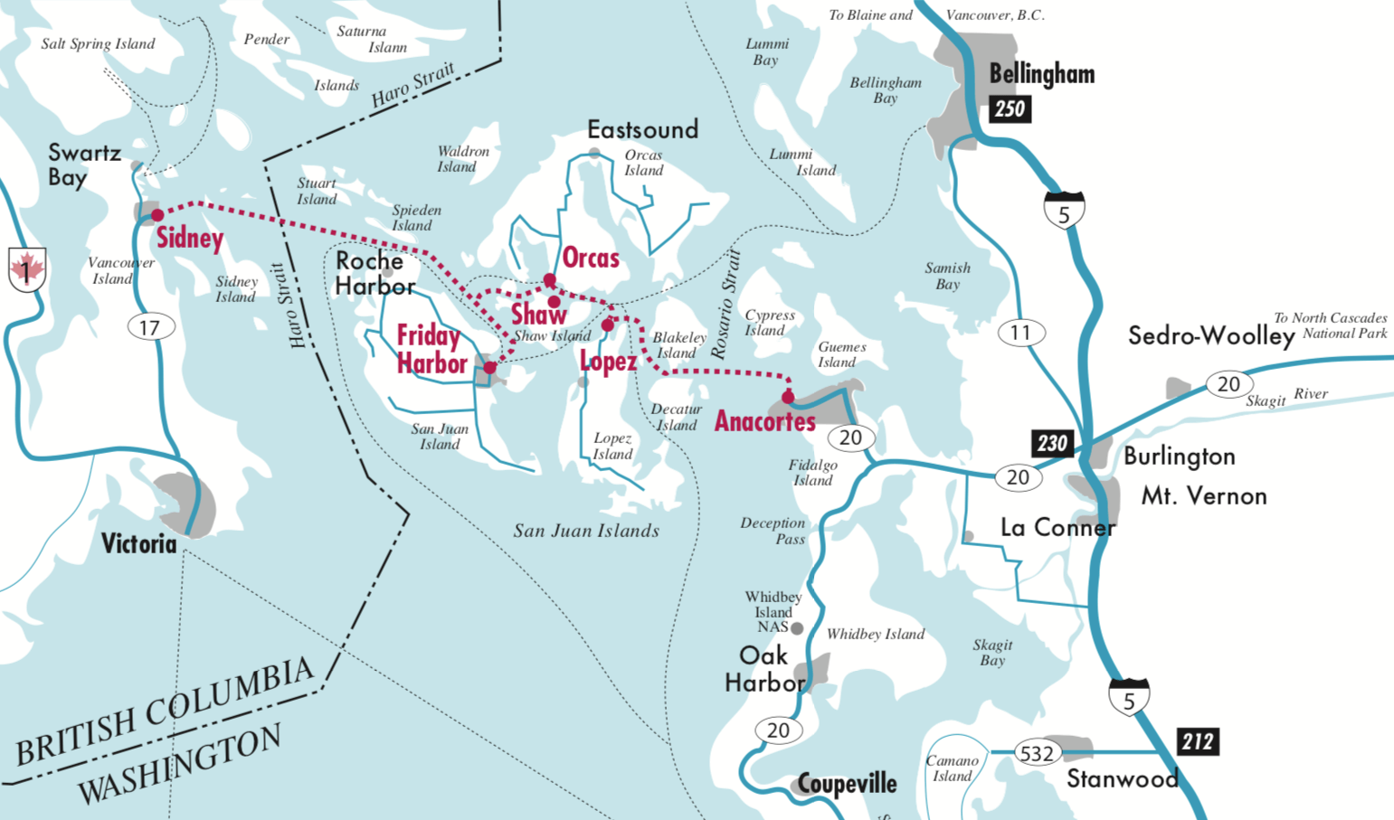 This is a ferry map for the Washington State Ferry system and covers the north most section of the service from Anacortes, Washington to the various San Juan Islands. The ferry routes are in dotted red lines with the ports written in red lettering while major roadways are featured in teal green color.
