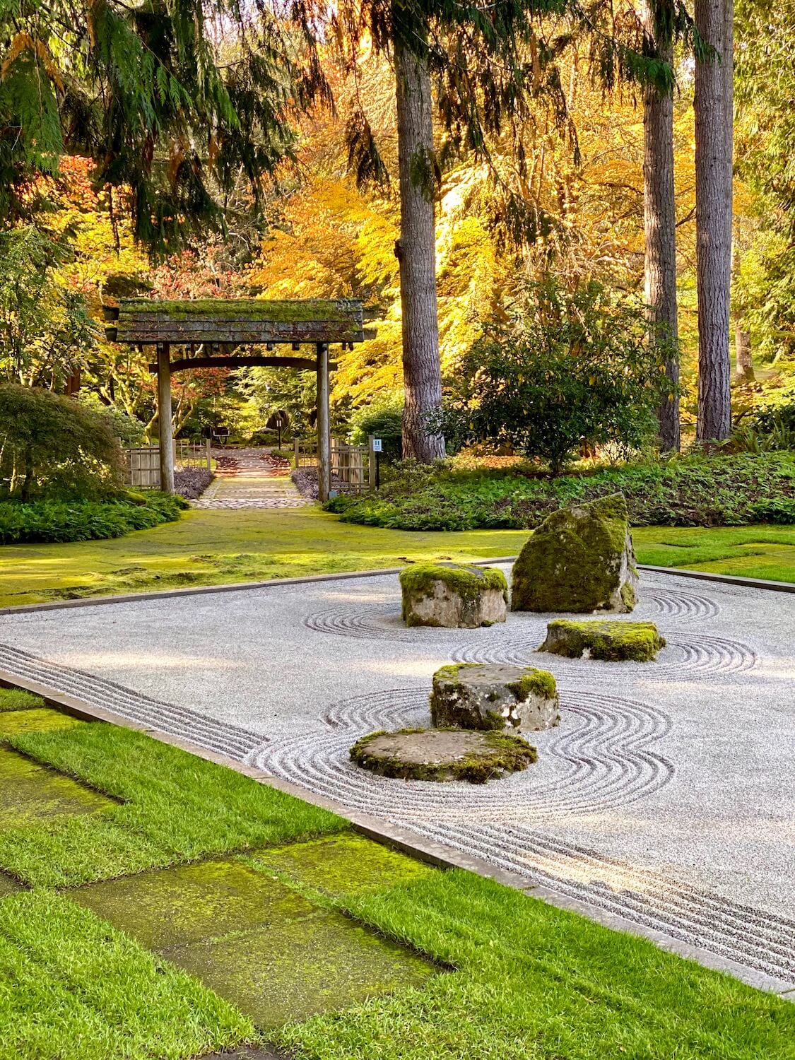 The garden outside the Japanese Guest House on the property of the Bloedel Reserve offers a peaceful escape in the zen of the raked gravel garden, surrounded by green squares of grass and alternating concrete.