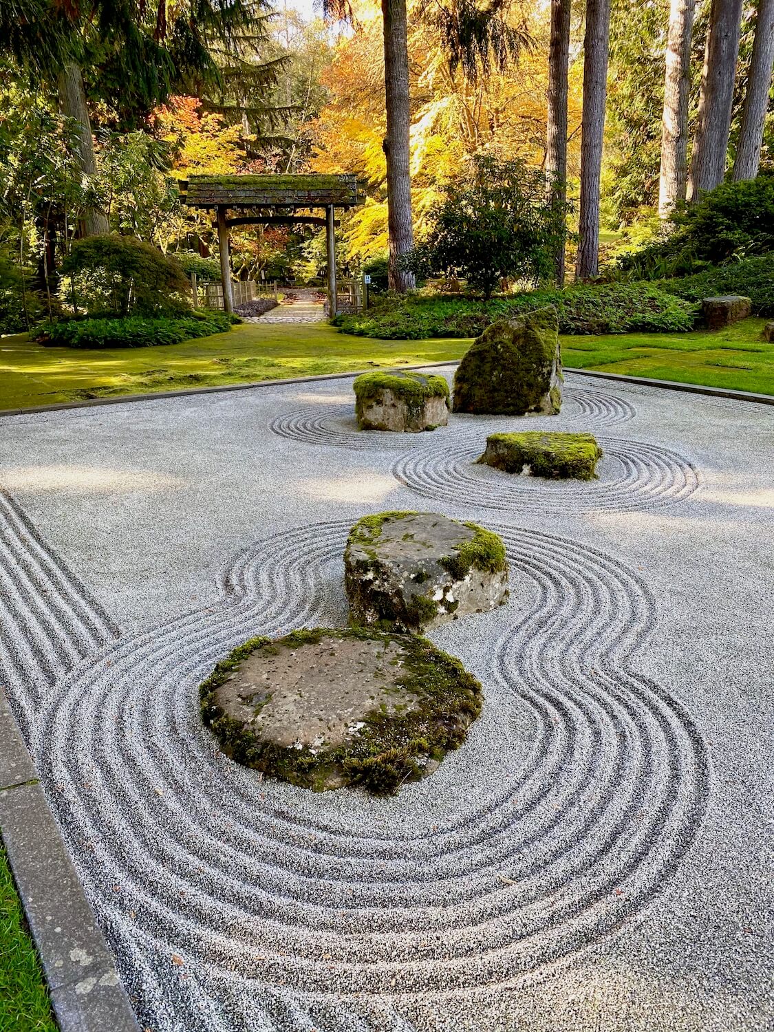 The garden outside the Japanese Guest House on the property of the Bloedel Reserve offers a peaceful escape in the zen of the raked gravel garden, surrounded by green squares of grass and alternating concrete.