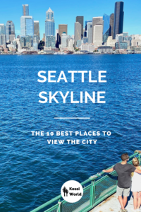This Pinterest tile offers a sweeping view of the downtown of Seattle as viewed from the water aboard a Washington State Ferry. The green railing of the ferry boat has a male and female couple standing and looking out over the light blue Puget Sound water. The sky is light blue and a few prominent buildings such as the Columbia Center.