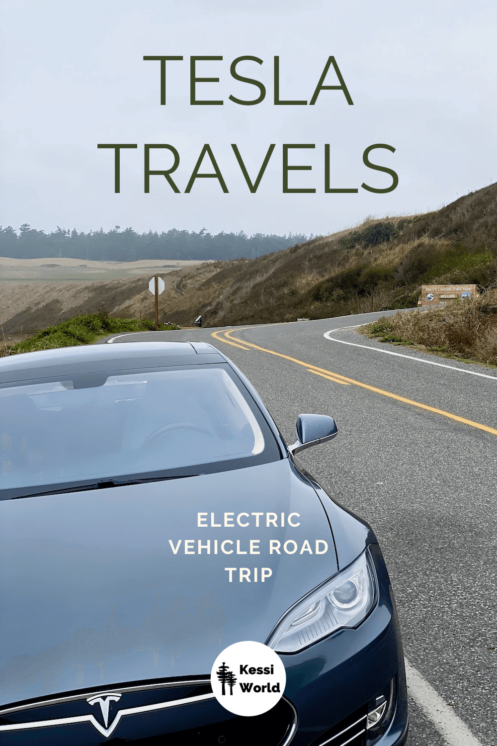This Pinterest tile shows a Tesla model S series on a winding road with a yellow median line with backdrop of coastal hills. The steep banks have yellow and brown ocean grasses and the sky is a light blue. The vehicle is a metallic gray and the iconic Tesla hood ornament is prominent in the shot.