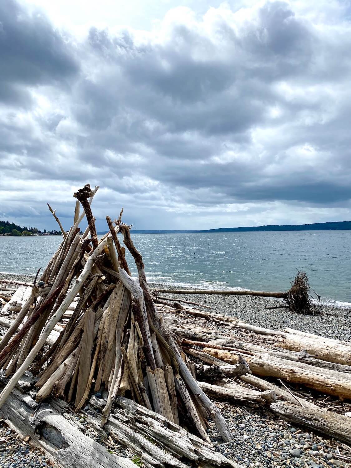 Driftwoord have been propped up to create a shelter from the elements at a Puget Sound shoreline.  The beach is made up a medium sized pebbles that lead down to minor waves of seawater splashing.  In the distant background are islands under gray clouds. 