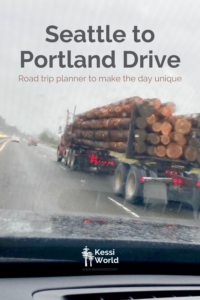 Pinterest tile shows the drive from Seattle to Portland along interstate 5 from the dashboard of a car driving next to a logging truck in the rain. The bright red lights of the truck brakes are contrasted with the orangish brown logs packed into the load.