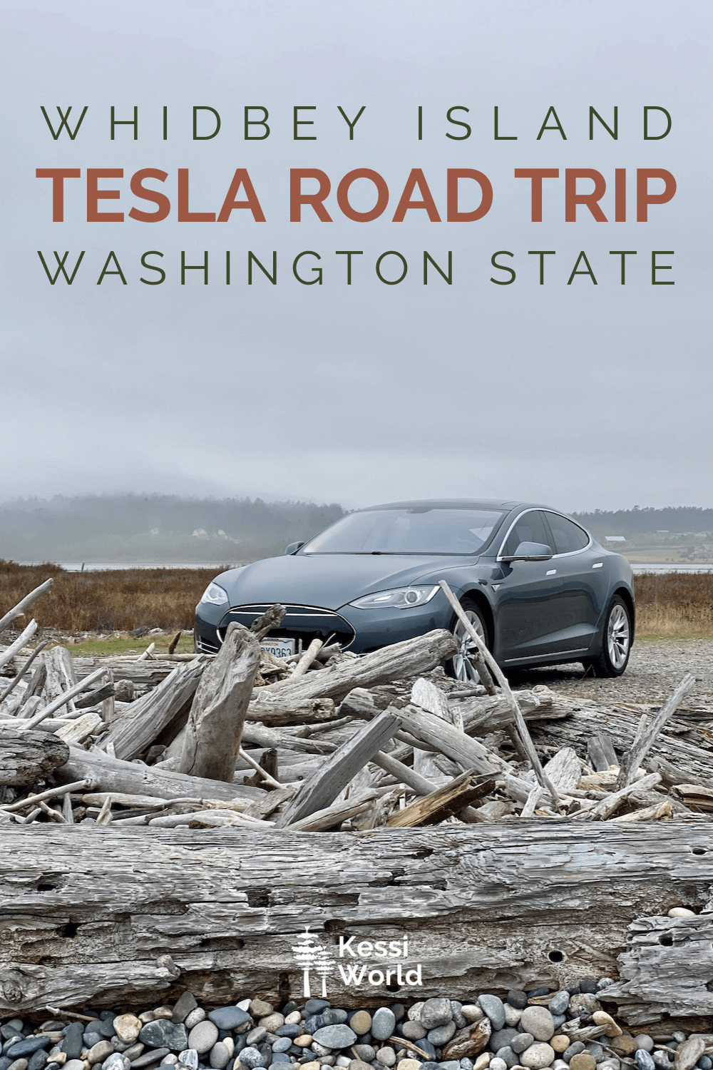 Pinterest tile of a Tesla parked in a gravel lot near a beach with large piles of driftwood and medium sized round rocks of various colors.