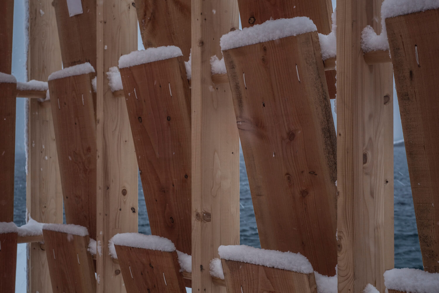 Douglas fir flaps attached to Qamutit Sled House on display at a festival in Nuuk, Greenland.  