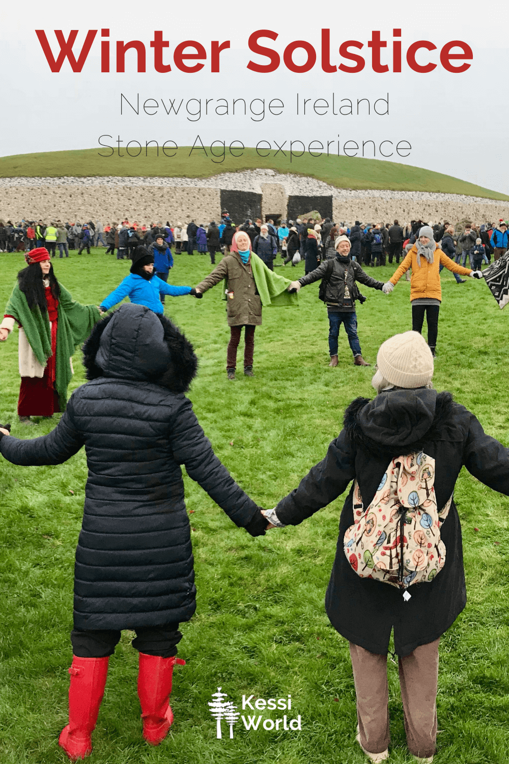 This Pinterest tile shows people enjoying the Winter Solstice experience at Newgrange in Ireland.  The people are warmly dressed and holding hands on a great lawn in front of the Stone Age relic. 