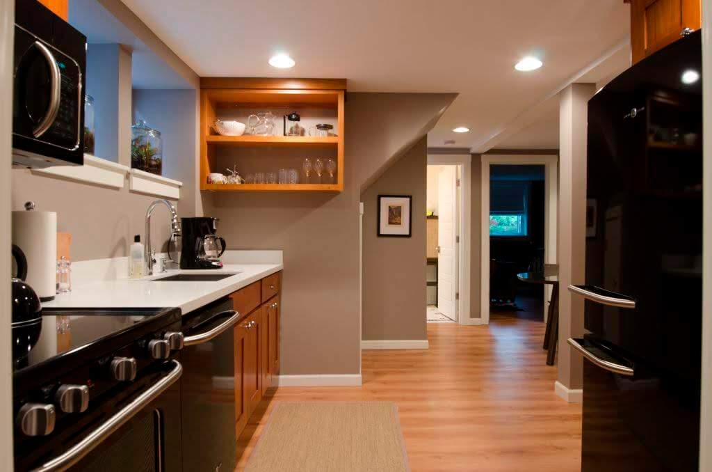 A kitchen in a rental unit that appears to be a lower level of a larger home in Seattle, Washington.