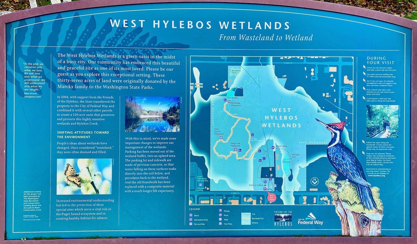 A map of West Hylebos Wetlands in Federal shows some of the local wildlife in pictures and the blue map is outlined in greenish letters.
